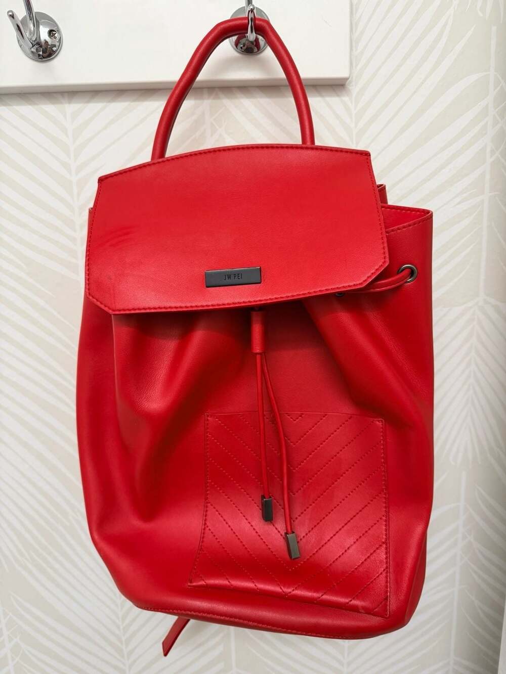 JW PEI Red Faux Leather Drawstring Backpack with Quilted Pocket Red
